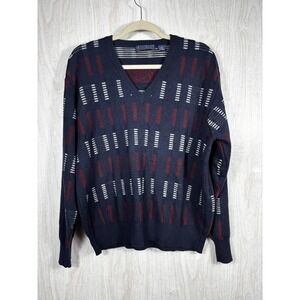 Countess Mara Wool Sweater XL Navy Red White Geometric V Neck Retro Classic